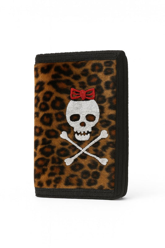 Leopard Plüsch Geldbörse mit Totenkopf – Rockabilly Punk Portemonnaie – Gothic Retro Damen Geldbeutel
