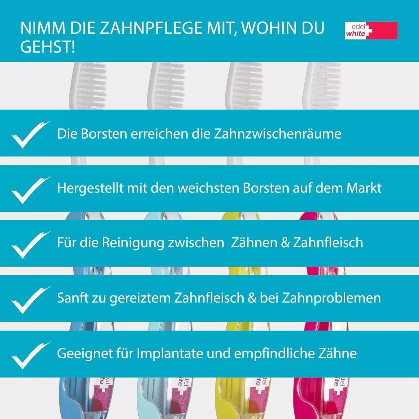 12x edel+white Flosserbrush TO GO Soft Zahnbürsten – Faltbare Reisezahnbürste | Swiss Made | Hygienisch & platzsparend