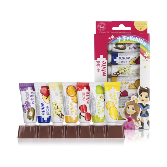 edel+white 7 Früchtli Zahnpasta Kinder 7 x 9,4 mm I Kinder Zahnpasta empfohlen bis zu 6 Jahren I Zahnreinigung für die Kleinen mit 7 Geschmäckern