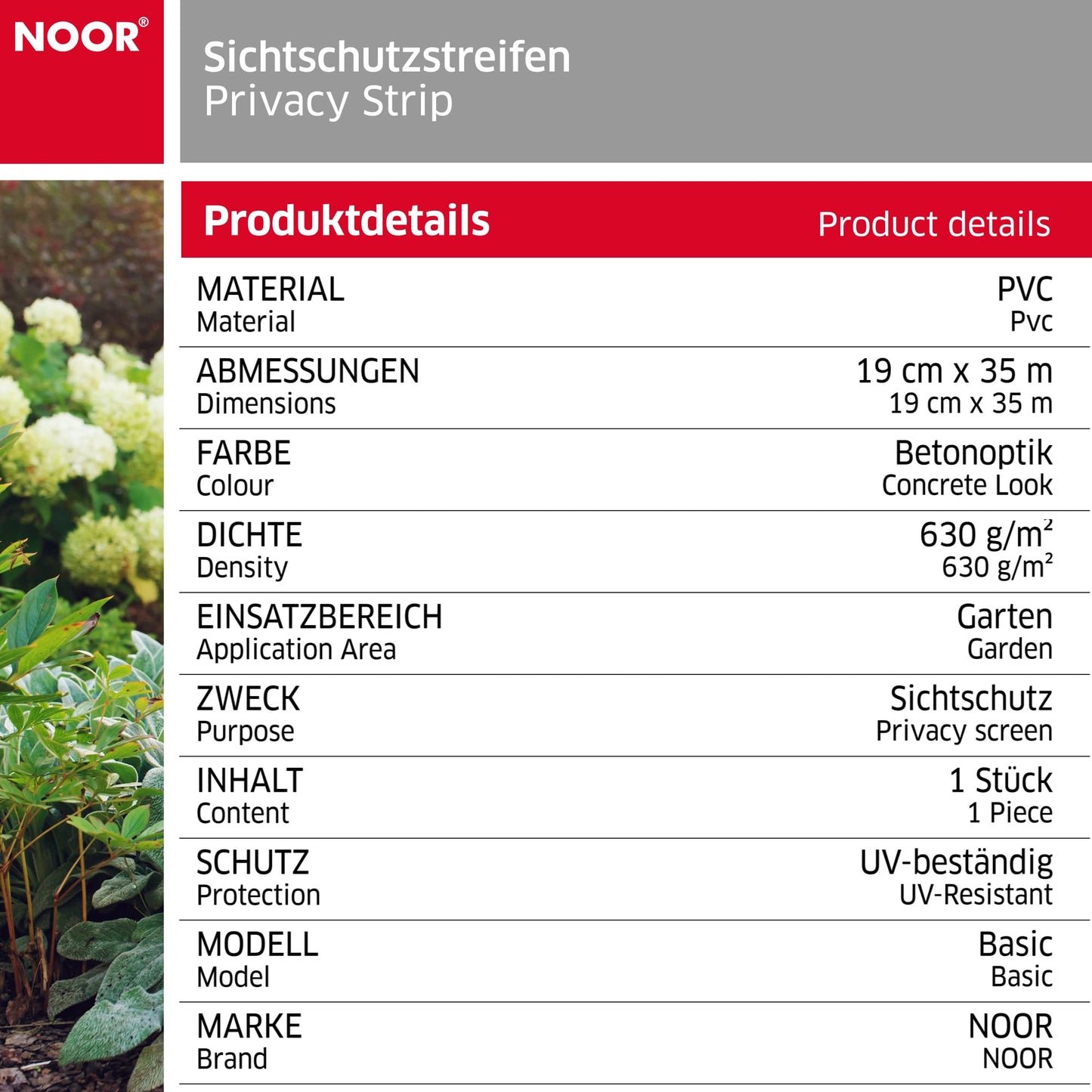 NOOR Sichtschutzstreifen PVC Blickdicht für Doppelstabmattenzaun - Zaunsichtschutz Rolle 0,19x35 m - blickdichter Wind- & Sichtschutz für Garten Terrasse - Zaunblende 630 g/m² inkl. 28 Klemmschienen