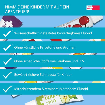edel+white 7 Früchtli Zahnpasta Kinder 7 x 9,4 mm I Kinder Zahnpasta empfohlen bis zu 6 Jahren I Zahnreinigung für die Kleinen mit 7 Geschmäckern