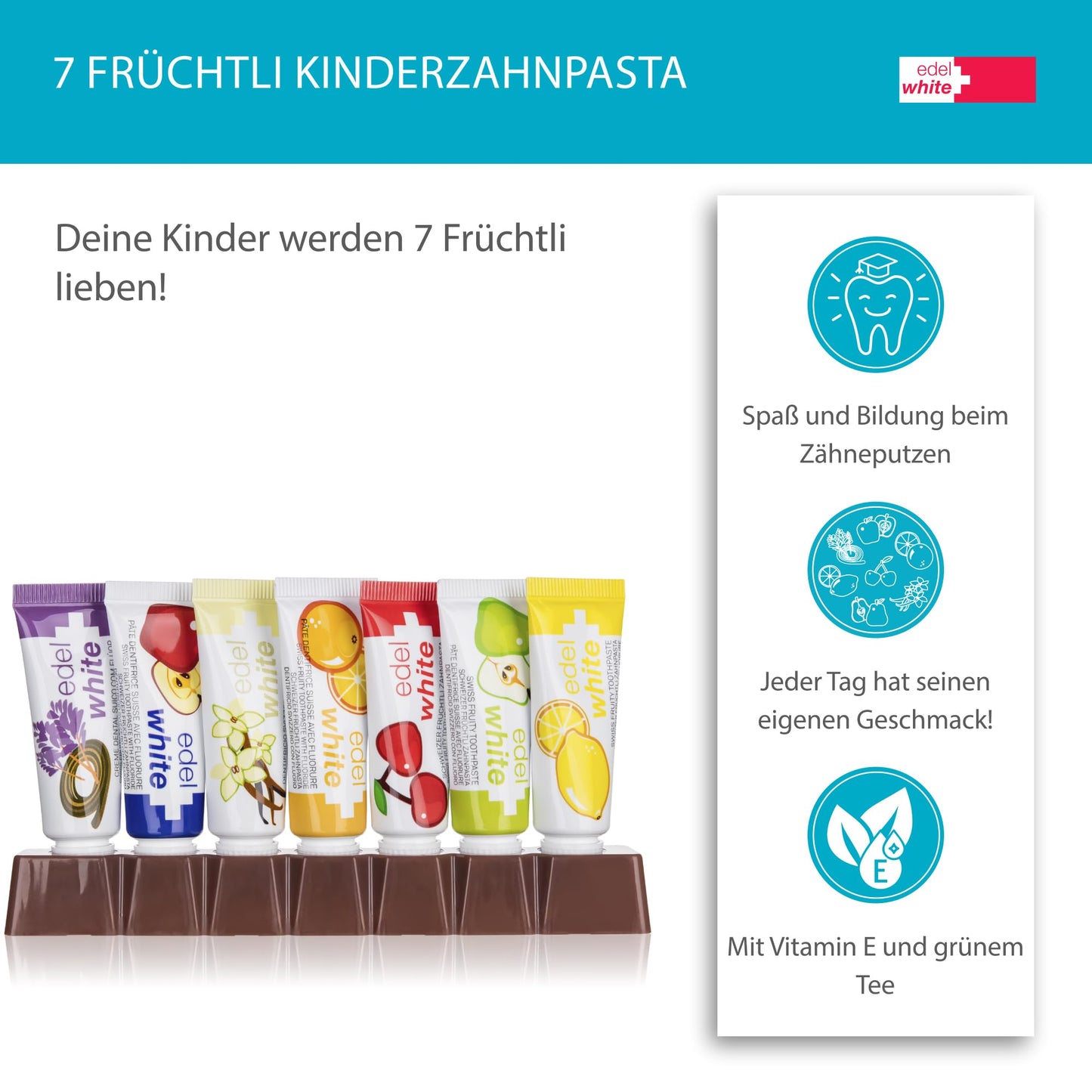 edel+white 7 Früchtli Zahnpasta Kinder 7 x 9,4 mm I Kinder Zahnpasta empfohlen bis zu 6 Jahren I Zahnreinigung für die Kleinen mit 7 Geschmäckern