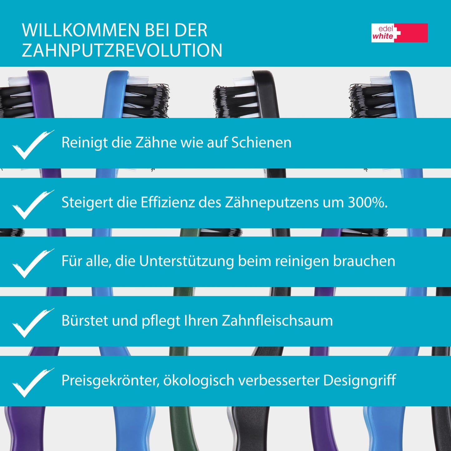 edel+white CleanCurl Curved Zahnbürste dreiseitig I 3 Mal effizienter beim Zähneputzen als einseitige Zahnbürsten I Sehr gründliche Zahnreinigung