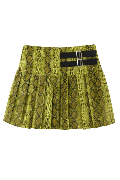 Damen Mini Faltenrock im Schlangenhaut-Muster – Grün – Elastischer Bund – Größe XS/S – Snake Print Rock – Modischer Streetstyle Minirock