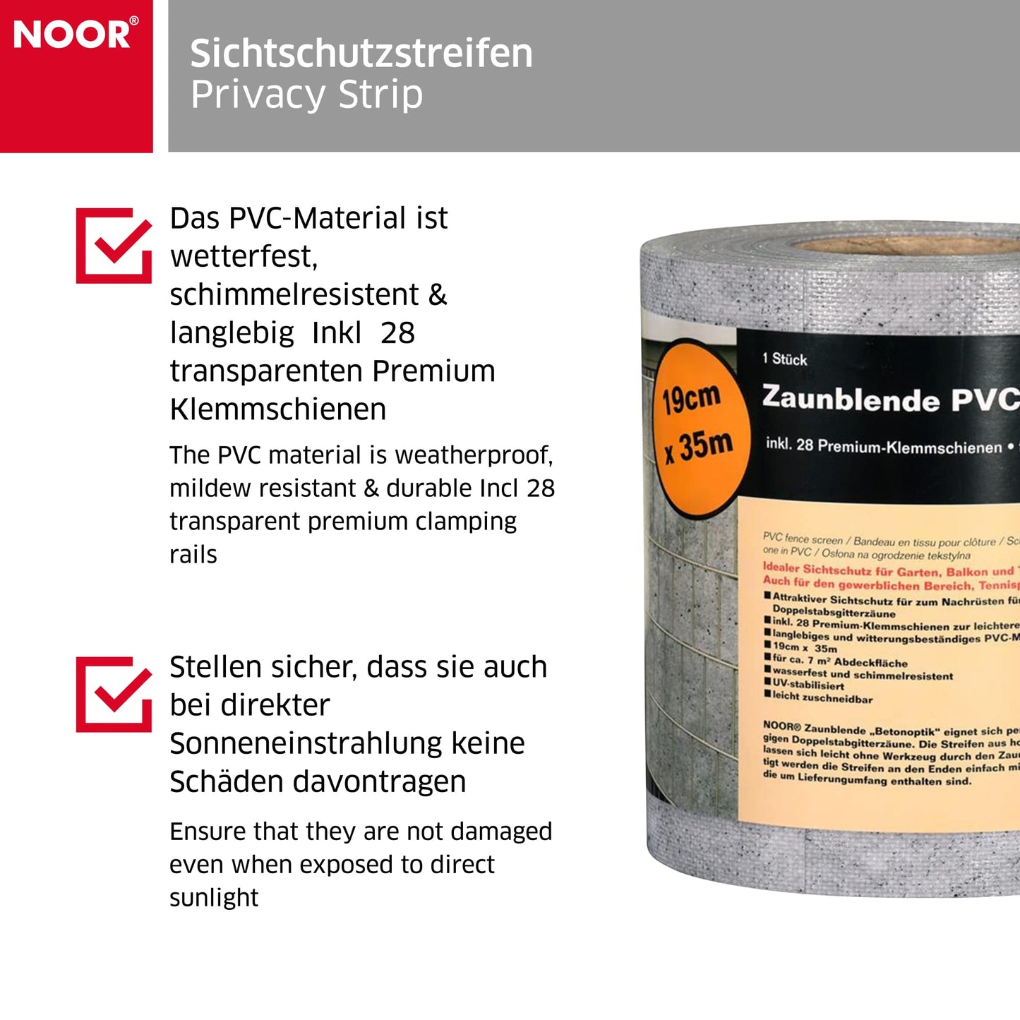 NOOR Sichtschutzstreifen PVC Blickdicht für Doppelstabmattenzaun - Zaunsichtschutz Rolle 0,19x35 m - blickdichter Wind- & Sichtschutz für Garten Terrasse - Zaunblende 630 g/m² inkl. 28 Klemmschienen