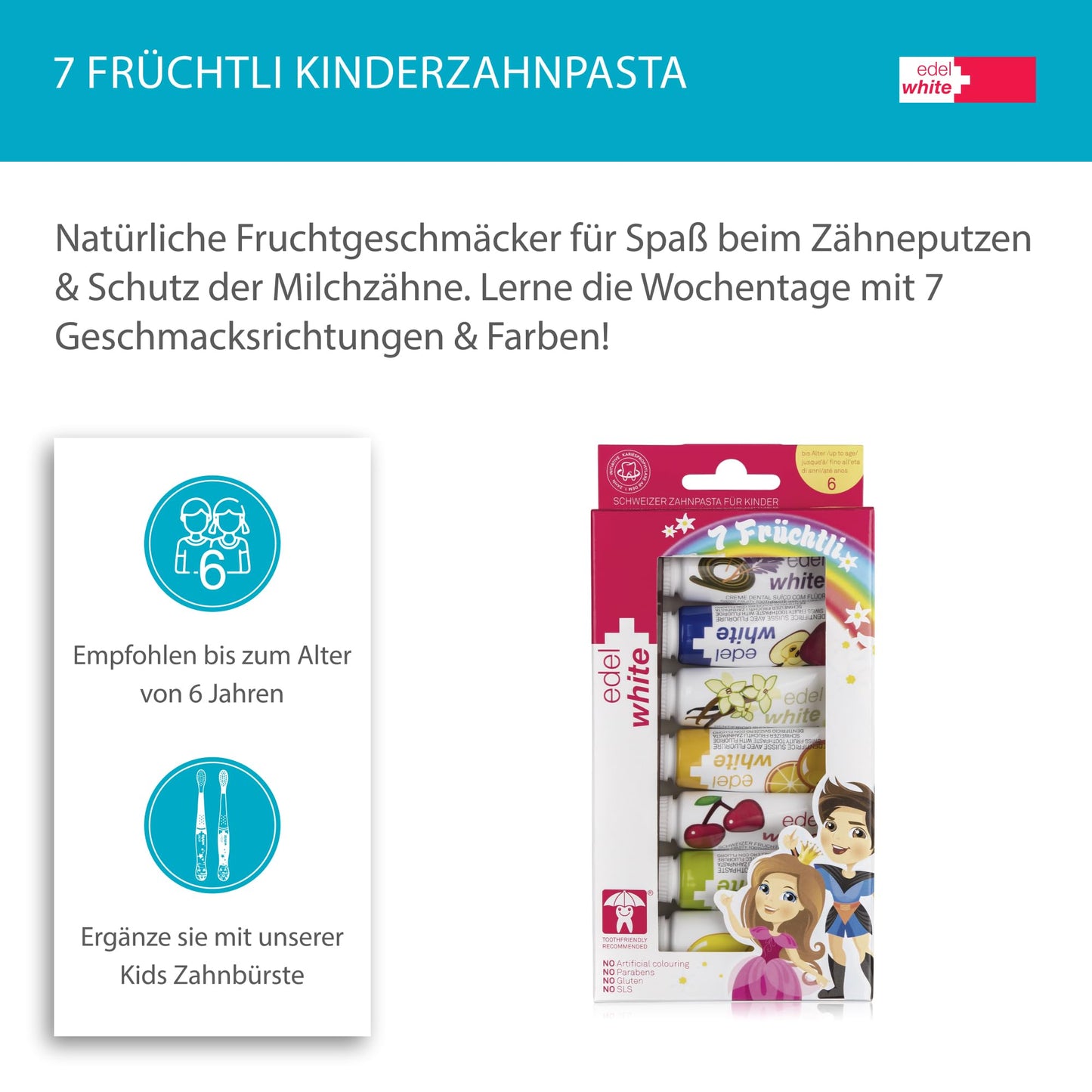 edel+white 7 Früchtli Zahnpasta Kinder 7 x 9,4 mm I Kinder Zahnpasta empfohlen bis zu 6 Jahren I Zahnreinigung für die Kleinen mit 7 Geschmäckern