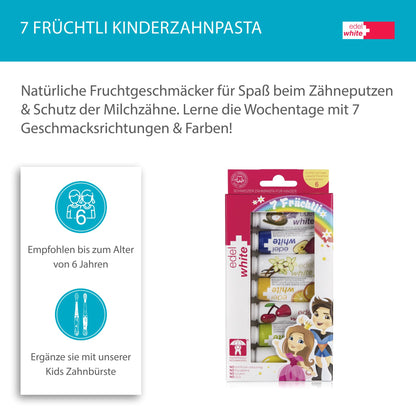 edel+white 7 Früchtli Zahnpasta Kinder 7 x 9,4 mm I Kinder Zahnpasta empfohlen bis zu 6 Jahren I Zahnreinigung für die Kleinen mit 7 Geschmäckern