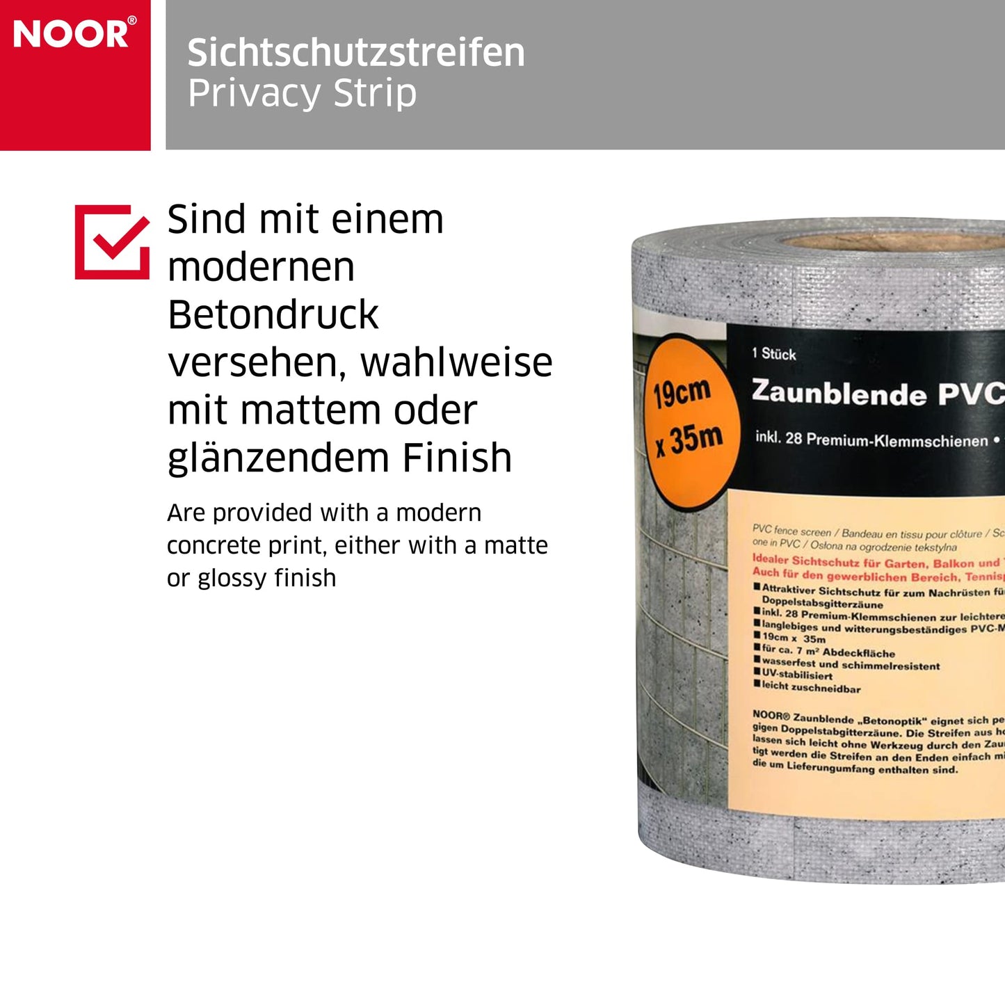 NOOR Sichtschutzstreifen PVC Blickdicht für Doppelstabmattenzaun - Zaunsichtschutz Rolle 0,19x35 m - blickdichter Wind- & Sichtschutz für Garten Terrasse - Zaunblende 630 g/m² inkl. 28 Klemmschienen