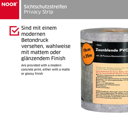 NOOR Sichtschutzstreifen PVC Blickdicht für Doppelstabmattenzaun - Zaunsichtschutz Rolle 0,19x35 m - blickdichter Wind- & Sichtschutz für Garten Terrasse - Zaunblende 630 g/m² inkl. 28 Klemmschienen