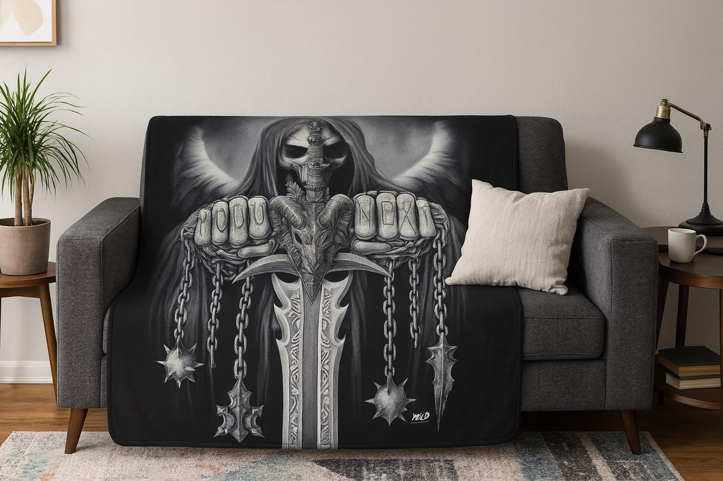 Fleecedecke „Your Next“ – Grim Reaper Totenkopf mit Schwert & Ketten – Gothic Horror Kuscheldecke – Schwarze Decke mit Sensenmann Motiv