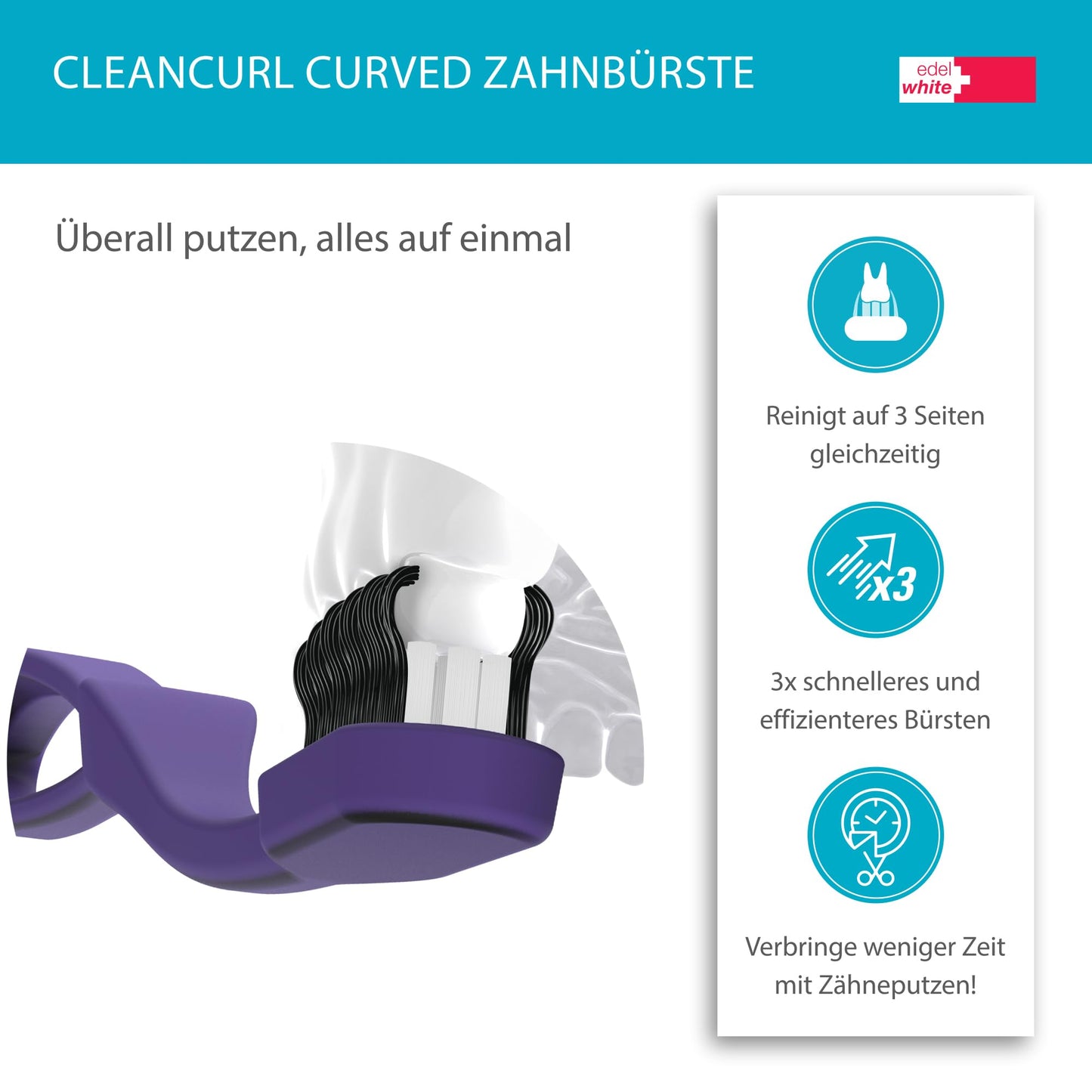 edel+white CleanCurl Curved Zahnbürste dreiseitig I 3 Mal effizienter beim Zähneputzen als einseitige Zahnbürsten I Sehr gründliche Zahnreinigung