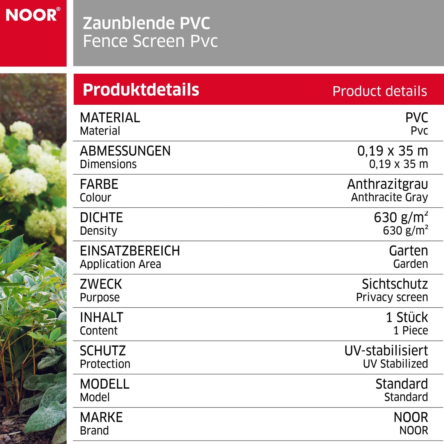 NOOR Sichtschutzstreifen PVC Blickdicht für Doppelstabmattenzaun - Zaunsichtschutz Rolle 0,19x35 m - blickdichter Wind- & Sichtschutz für Garten Terrasse - Zaunblende 630 g/m² inkl. 28 Klemmschienen