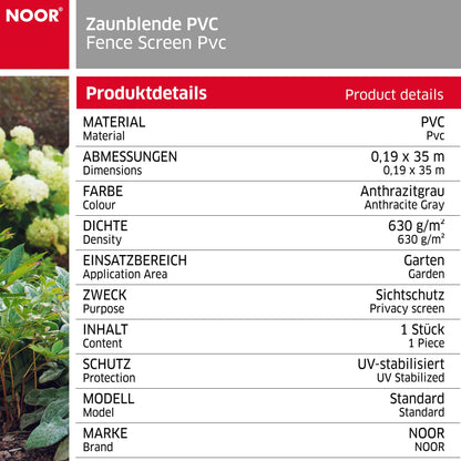 NOOR Sichtschutzstreifen PVC Blickdicht für Doppelstabmattenzaun - Zaunsichtschutz Rolle 0,19x35 m - blickdichter Wind- & Sichtschutz für Garten Terrasse - Zaunblende 630 g/m² inkl. 28 Klemmschienen