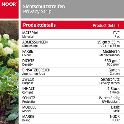 NOOR Sichtschutzstreifen PVC Blickdicht für Doppelstabmattenzaun - Zaunsichtschutz Rolle 0,19x35 m - blickdichter Wind- & Sichtschutz für Garten Terrasse - Zaunblende 630 g/m² inkl. 28 Klemmschienen