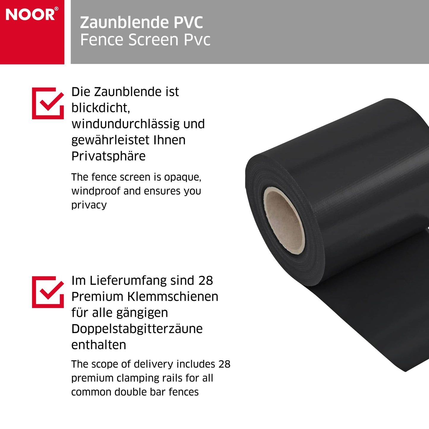 NOOR Sichtschutzstreifen PVC Blickdicht für Doppelstabmattenzaun - Zaunsichtschutz Rolle 0,19x35 m - blickdichter Wind- & Sichtschutz für Garten Terrasse - Zaunblende 630 g/m² inkl. 28 Klemmschienen