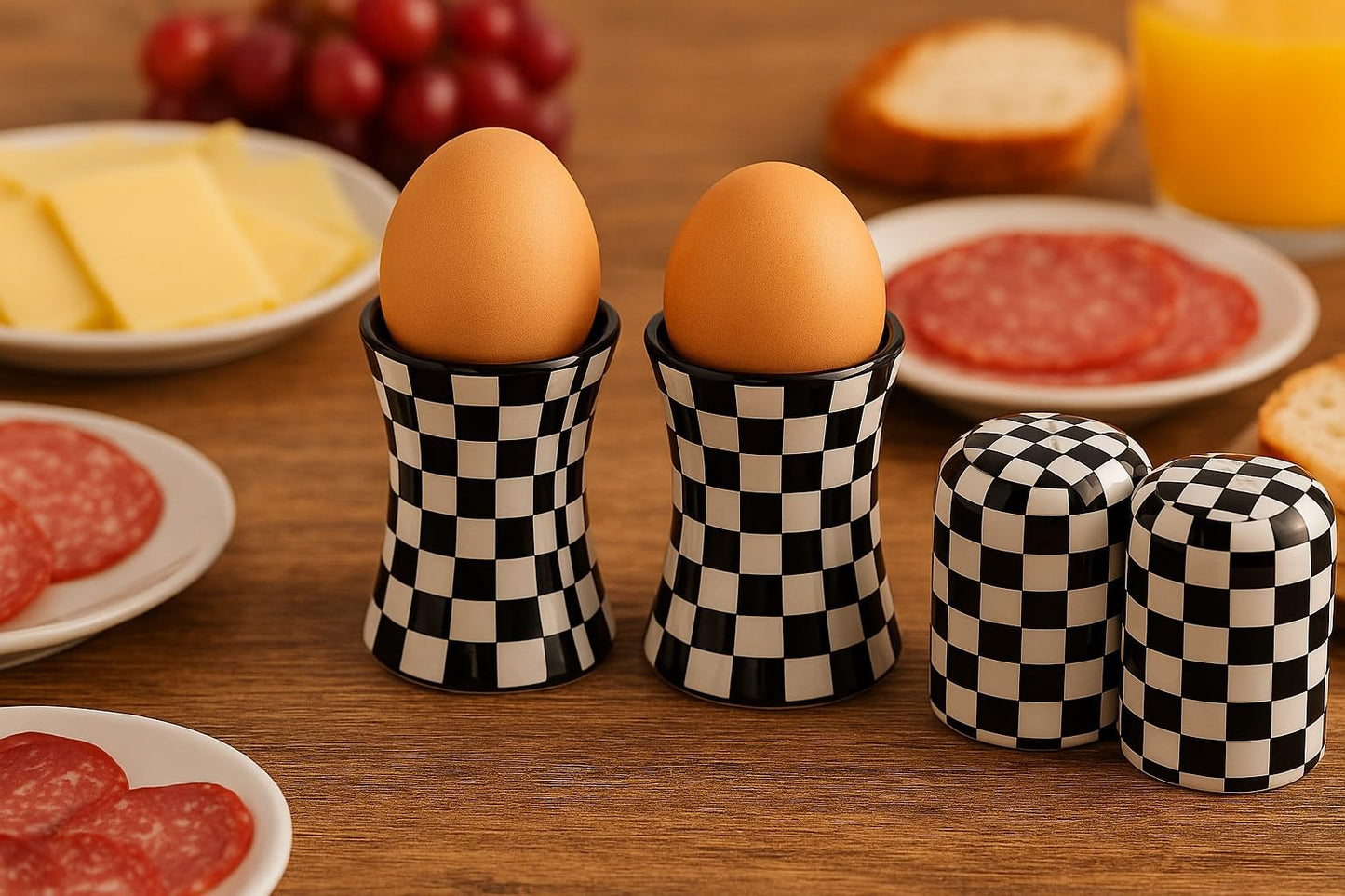Set Eierbecher + Salz- & Pfefferstreuer – Keramik im Schwarz/Weiß Karo Muster | Küchenhelfer & Tisch-Accessoire für Haushalt, Küche & Geschenkidee
