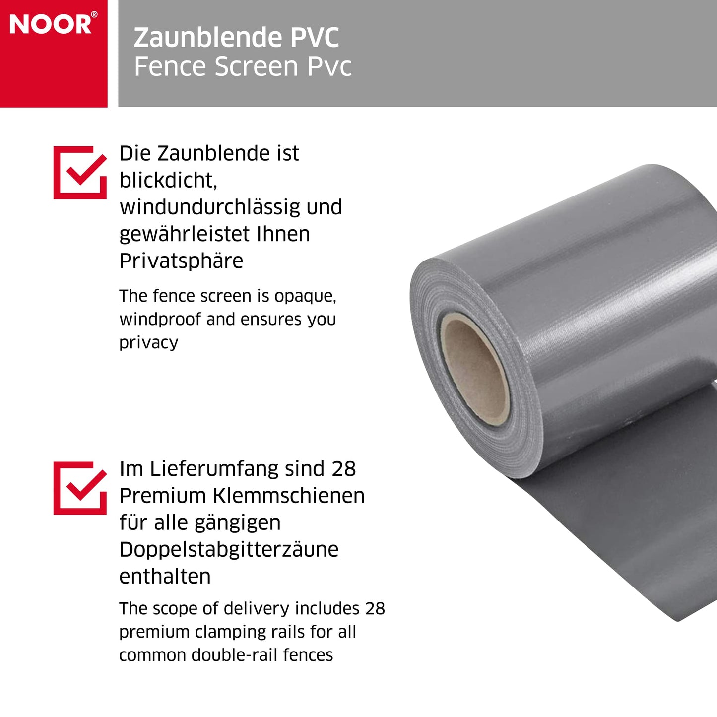 NOOR Sichtschutzstreifen PVC Blickdicht für Doppelstabmattenzaun - Zaunsichtschutz Rolle 0,19x35 m - blickdichter Wind- & Sichtschutz für Garten Terrasse - Zaunblende 630 g/m² inkl. 28 Klemmschienen