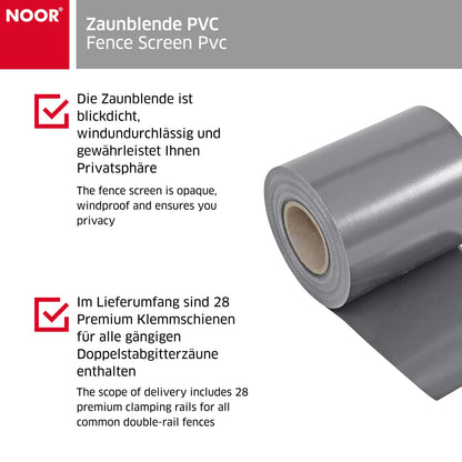 NOOR Sichtschutzstreifen PVC Blickdicht für Doppelstabmattenzaun - Zaunsichtschutz Rolle 0,19x35 m - blickdichter Wind- & Sichtschutz für Garten Terrasse - Zaunblende 630 g/m² inkl. 28 Klemmschienen