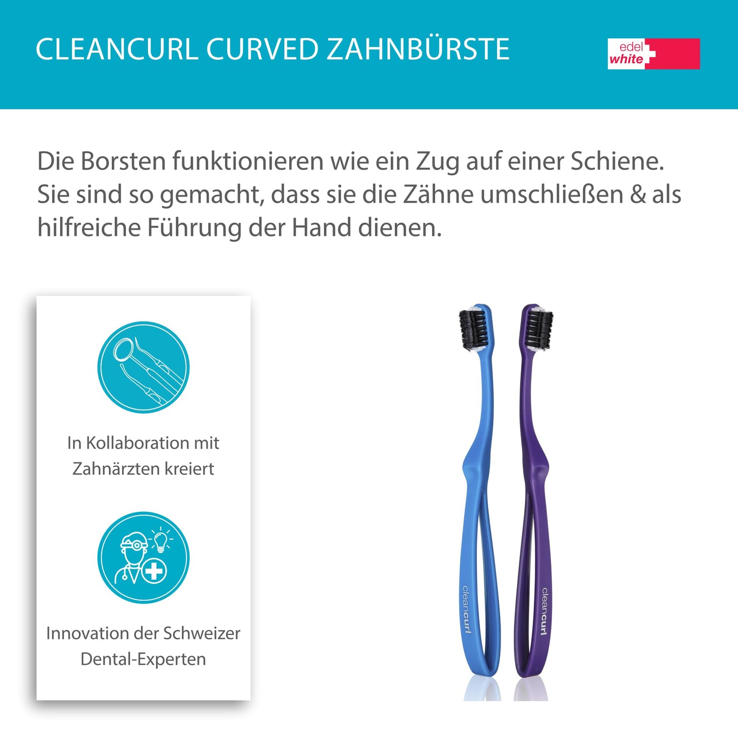 edel+white CleanCurl Curved Zahnbürste dreiseitig I 3 Mal effizienter beim Zähneputzen als einseitige Zahnbürsten I Sehr gründliche Zahnreinigung
