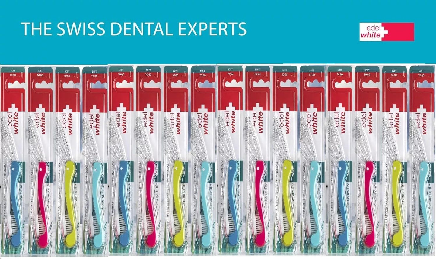 12x edel+white Flosserbrush TO GO Soft Zahnbürsten – Faltbare Reisezahnbürste | Swiss Made | Hygienisch & platzsparend
