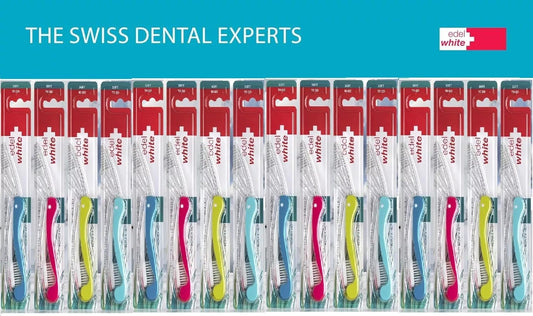 12x edel+white Flosserbrush TO GO Soft Zahnbürsten – Faltbare Reisezahnbürste | Swiss Made | Hygienisch & platzsparend
