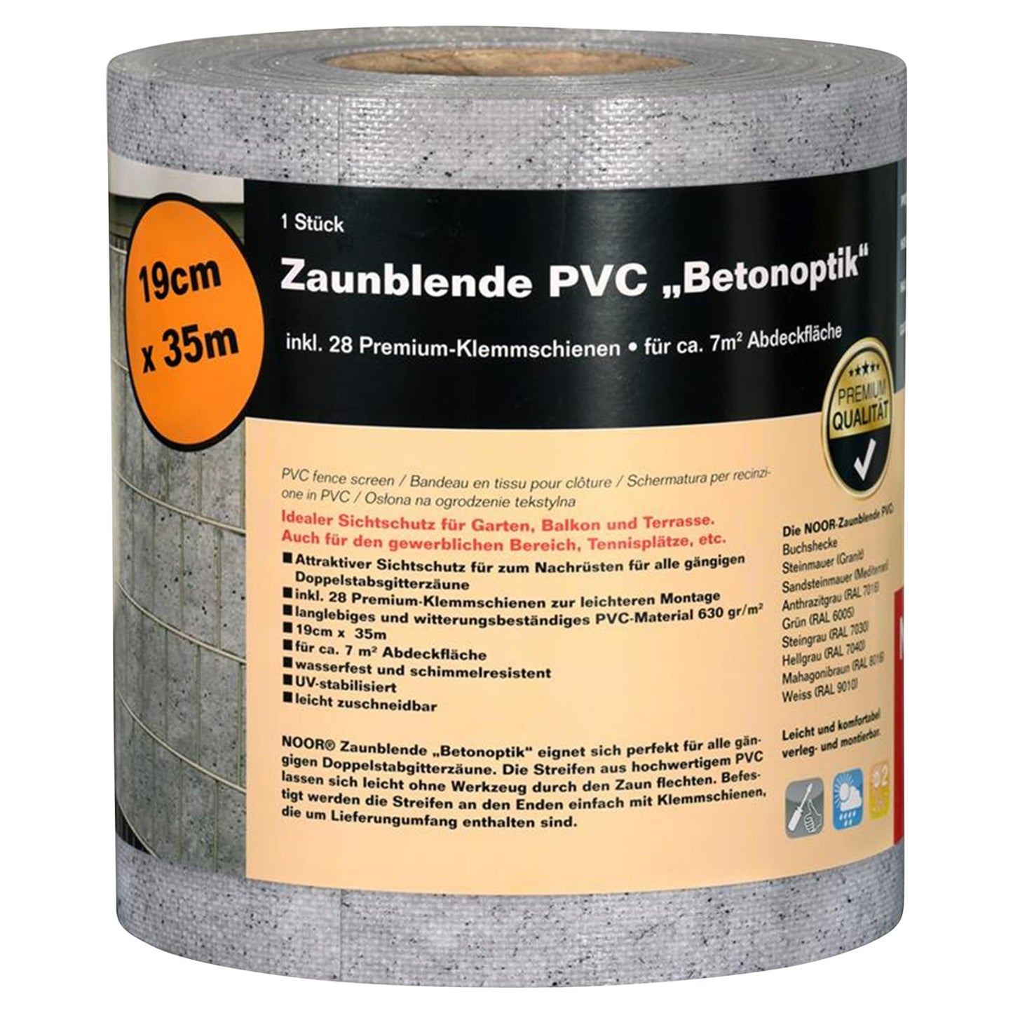 NOOR Sichtschutzstreifen PVC Blickdicht für Doppelstabmattenzaun - Zaunsichtschutz Rolle 0,19x35 m - blickdichter Wind- & Sichtschutz für Garten Terrasse - Zaunblende 630 g/m² inkl. 28 Klemmschienen