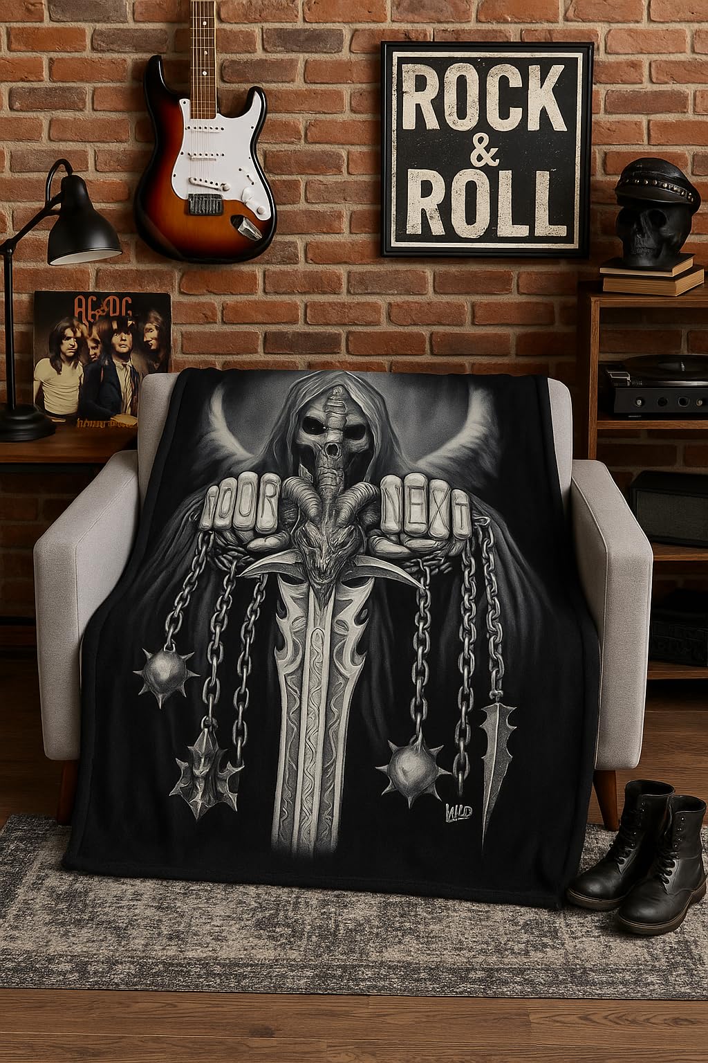 Fleecedecke „Your Next“ – Grim Reaper Totenkopf mit Schwert & Ketten – Gothic Horror Kuscheldecke – Schwarze Decke mit Sensenmann Motiv