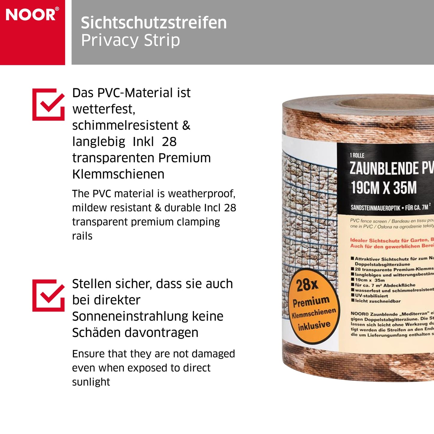 NOOR Sichtschutzstreifen PVC Blickdicht für Doppelstabmattenzaun - Zaunsichtschutz Rolle 0,19x35 m - blickdichter Wind- & Sichtschutz für Garten Terrasse - Zaunblende 630 g/m² inkl. 28 Klemmschienen