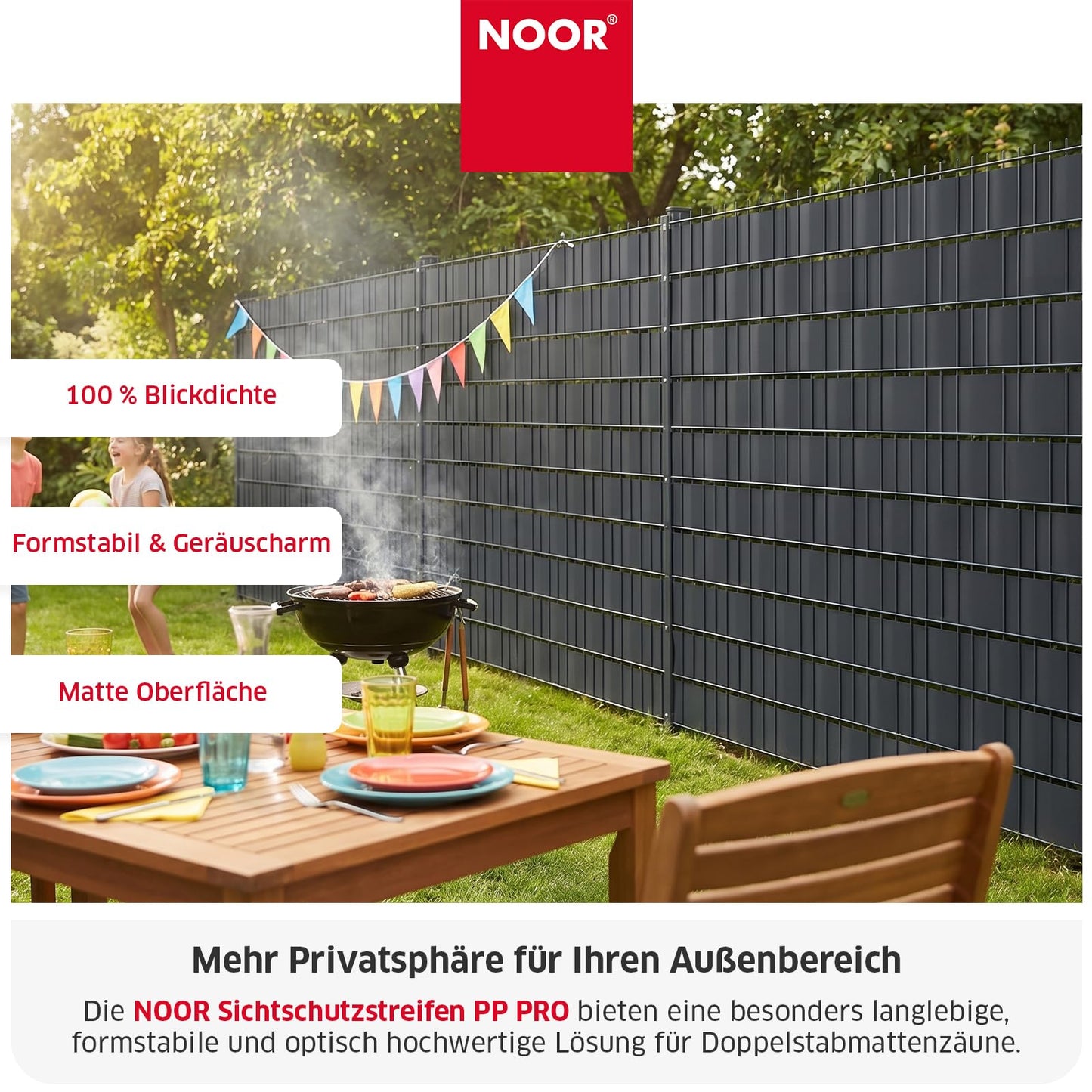 NOOR Sichtschutzstreifen PP PRO für Doppelstabmattenzaun 650 g/m² - Zaunsichtschutz Rolle 0,19x35 m - blickdichter Wind- & Sichtschutz für G