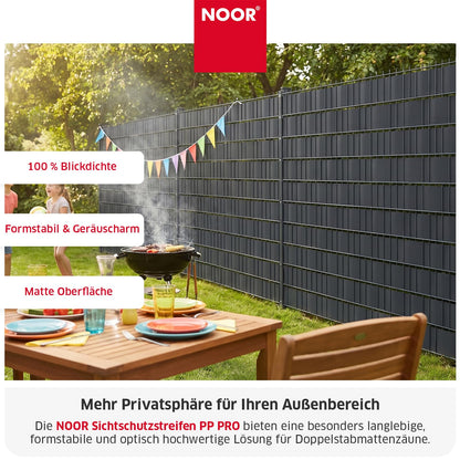 NOOR Sichtschutzstreifen PP PRO für Doppelstabmattenzaun 650 g/m² - Zaunsichtschutz Rolle 0,19x35 m - blickdichter Wind- & Sichtschutz für G