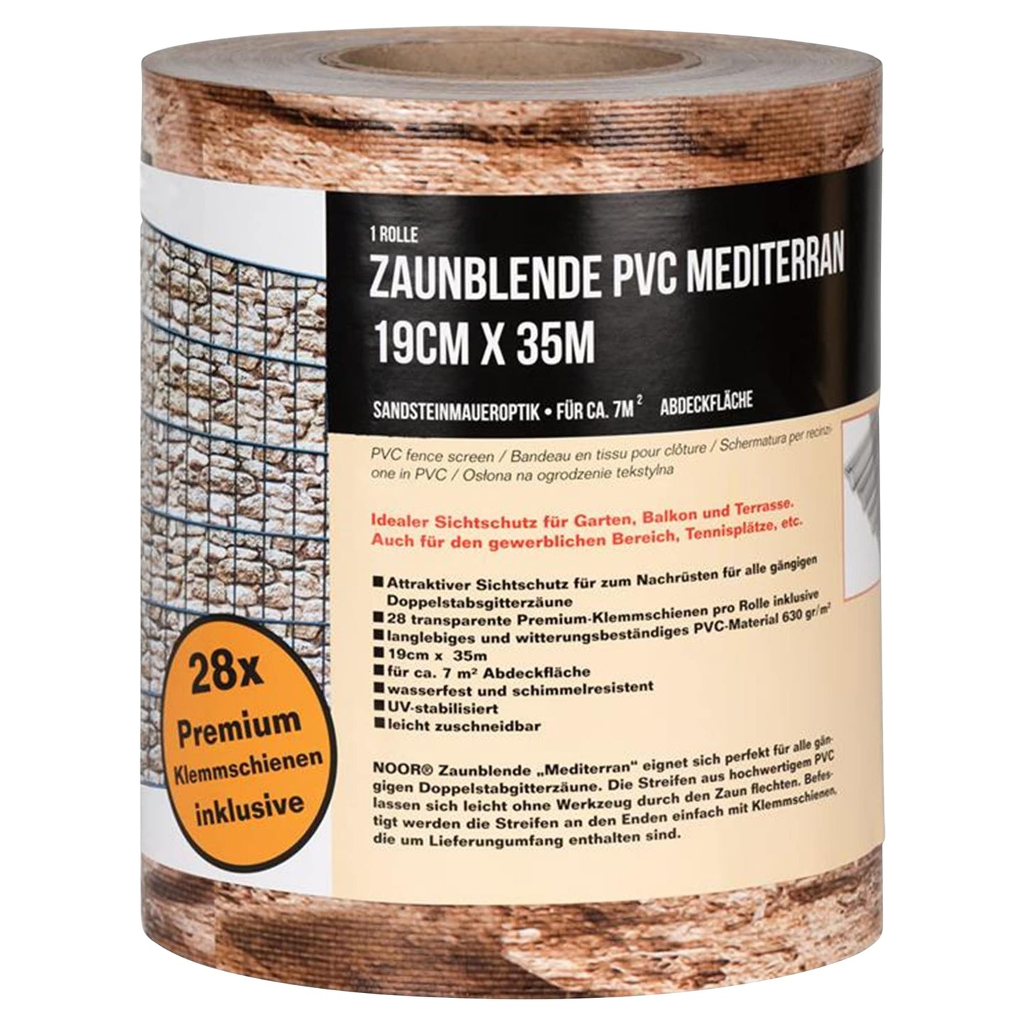 NOOR Sichtschutzstreifen PVC Blickdicht für Doppelstabmattenzaun - Zaunsichtschutz Rolle 0,19x35 m - blickdichter Wind- & Sichtschutz für Garten Terrasse - Zaunblende 630 g/m² inkl. 28 Klemmschienen