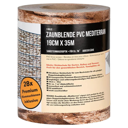 NOOR Sichtschutzstreifen PVC Blickdicht für Doppelstabmattenzaun - Zaunsichtschutz Rolle 0,19x35 m - blickdichter Wind- & Sichtschutz für Garten Terrasse - Zaunblende 630 g/m² inkl. 28 Klemmschienen