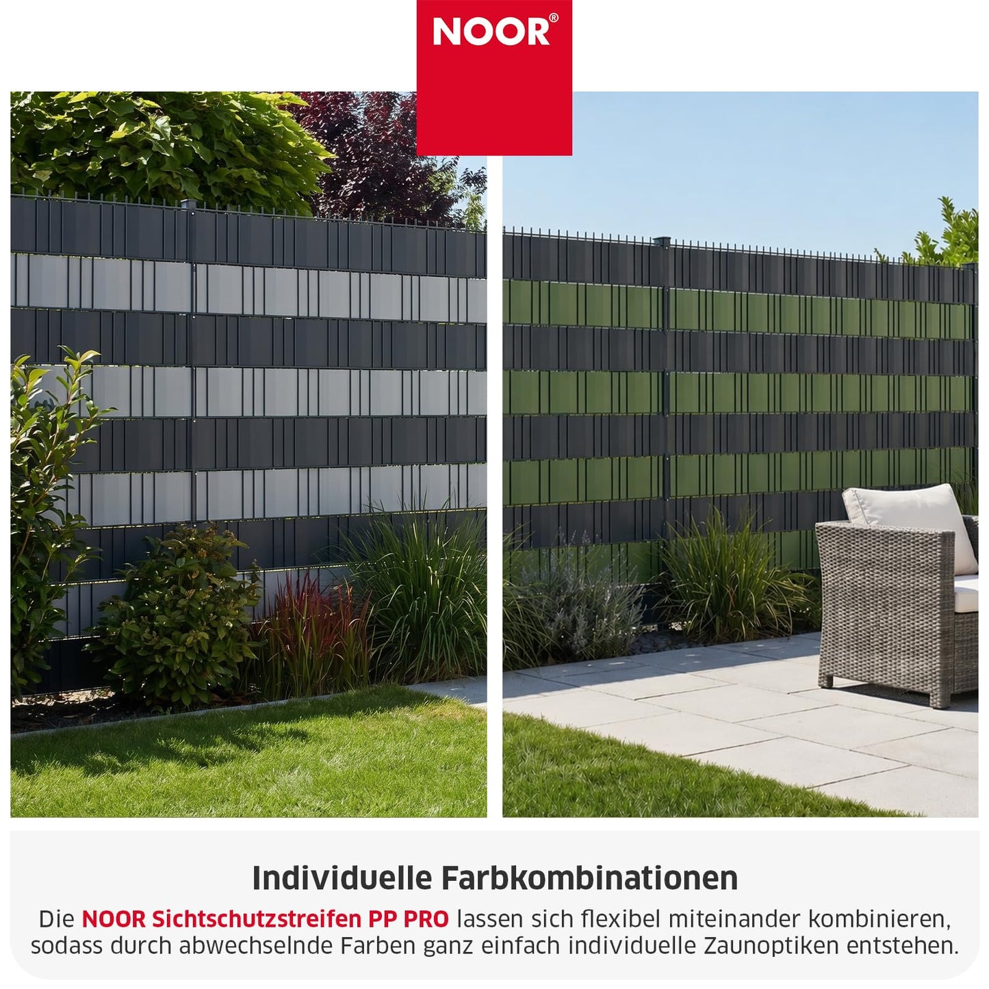 NOOR Sichtschutzstreifen PP PRO für Doppelstabmattenzaun 650 g/m² - Zaunsichtschutz Rolle 0,19x35 m - blickdichter Wind- & Sichtschutz für G