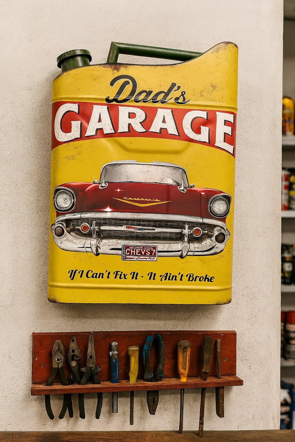 Blechschild „Dad’s Garage“ 45x35 cm – Vintage Metallschild im Kanister-Design mit Oldtimer-Motiv | Retro Wanddeko für Werkstatt, Garage, Män