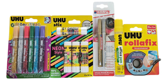 Kreativ-Set UHU & Edding – Glitzerkleber, Neon Klebestifte, Marker Gold/Silber