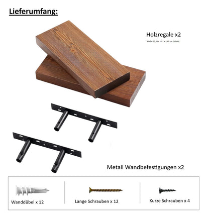 Schwebendes Wandregal Set 2 Stück aus Echtholz L 30cm inkl. Bohrlochmarker 20mm – Braun