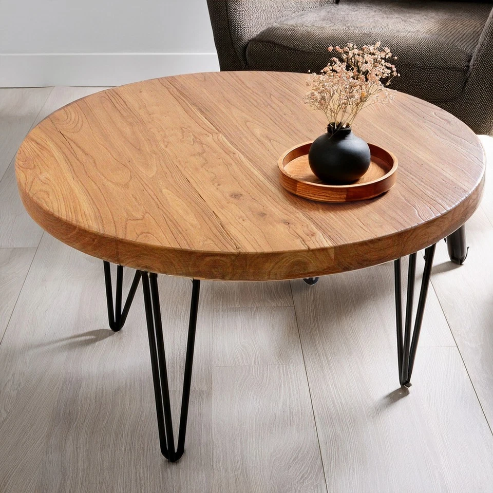 WELLAND Couchtisch Ulmenholz Wohnzimmertisch Beistelltisch Holz klein rund