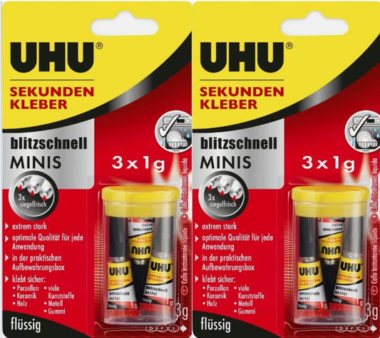 UHU Sekundenkleber Minis 2x (je 3x1g) – Blitzschneller Superkleber für präzise Anwendungen