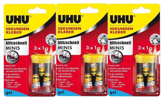 UHU Sekundenkleber Gel Minis Sparset – 3x (3x1g) für Holz, Keramik, Kunststoff